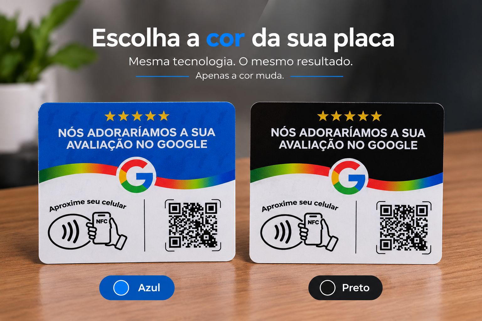 Placas NFC de avaliação no Google nas cores azul e preto